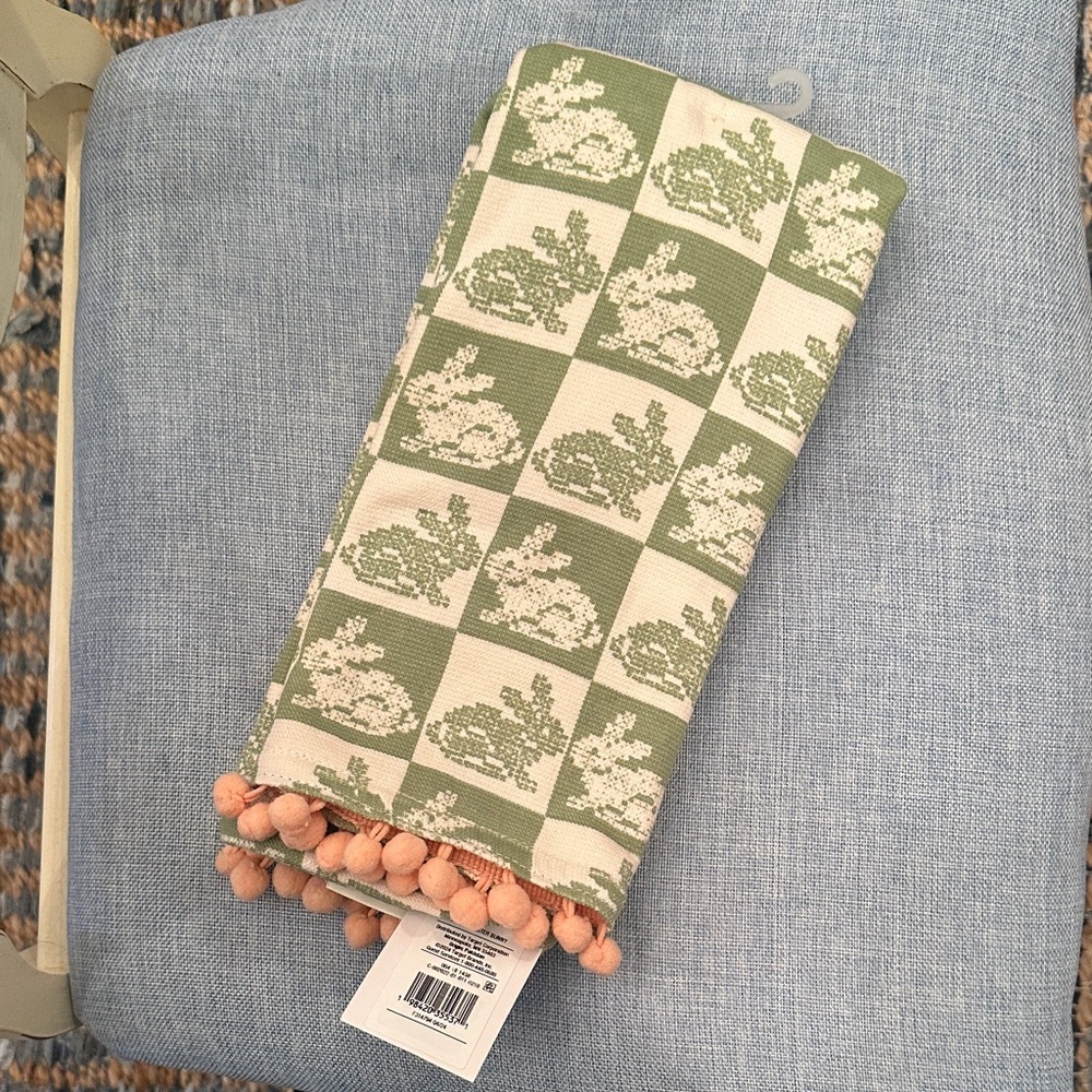Sage Green and Cream Checkered Kitchen Towel with Pom Pom Trim